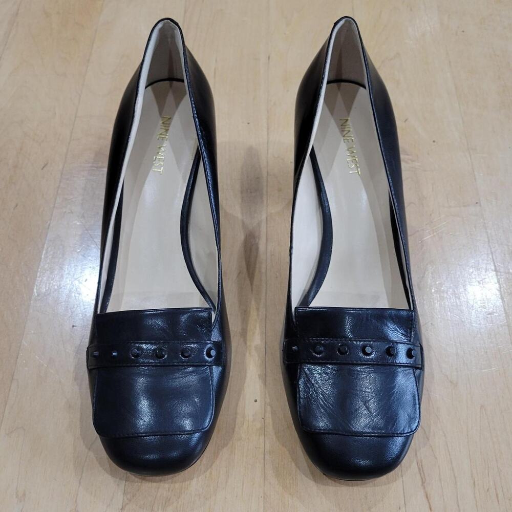 Nine West Black Square Toe Block Heel Leather Pumps Ladies Size 11